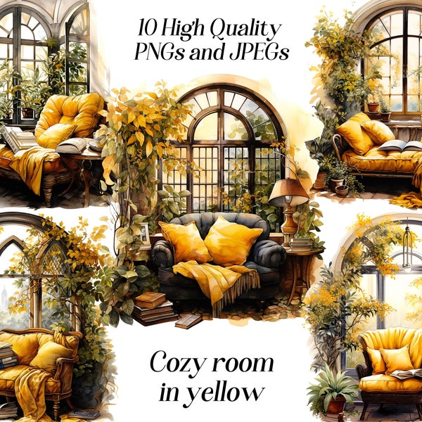 Watercolor cozy room clipart, 10 high quality JPEG and PNG files, cozy reading nook, large window room, yellow interior, printables