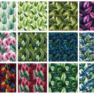 May include: A set of 12 digital seamless patterns featuring watercolor illustrations of tropical leaves in various colors and styles. The patterns are perfect for creating unique designs for fabrics, wallpapers, and other creative projects.