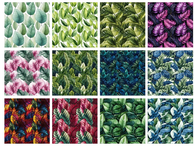 May include: A set of 12 digital seamless patterns featuring watercolor illustrations of tropical leaves in various colors and styles. The patterns are perfect for creating unique designs for fabrics, wallpapers, and other creative projects.
