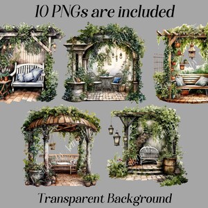 May include: Ten digital illustrations of garden arbors with benches, greenery, and hanging lanterns. The arbors are rendered in a watercolor style with a white background.
