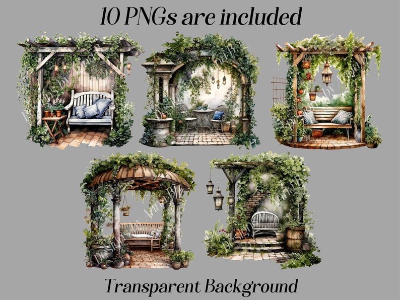 May include: Ten digital illustrations of garden arbors with benches, greenery, and hanging lanterns. The arbors are rendered in a watercolor style with a white background.
