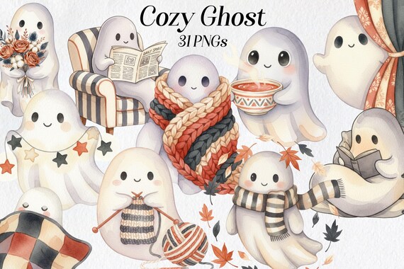 Cozy Ghost Clipart Set: Kawaii Halloween PNG Illustrations (Digital Download)