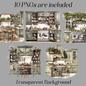 Puede incluir: Un conjunto de 10 im&aacute;genes de clipart digitales que muestran una cocina verde de estilo farmhouse. Las im&aacute;genes incluyen varias vistas de la cocina, incluyendo la estufa, los gabinetes y las encimeras. Las im&aacute;genes tienen un fondo transparente.