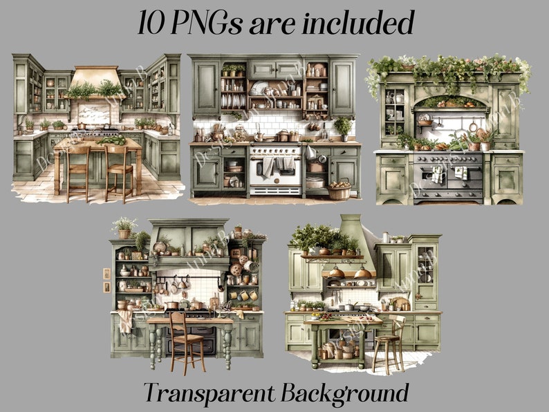 Puede incluir: Un conjunto de 10 im&aacute;genes de clipart digitales que muestran una cocina verde de estilo farmhouse. Las im&aacute;genes incluyen varias vistas de la cocina, incluyendo la estufa, los gabinetes y las encimeras. Las im&aacute;genes tienen un fondo transparente.