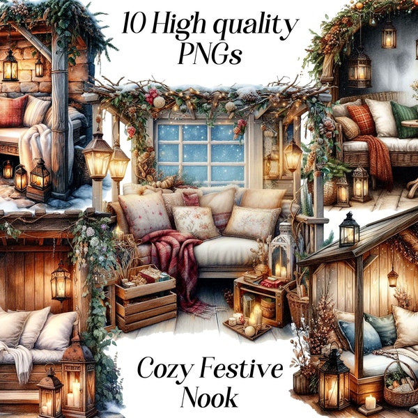 Watercolor Cozy Festive Corner clipart, 10 high quality PNG files, cozy sitting area, enchanting sitting space, illustration, sublimation
