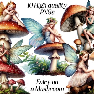 Watercolor Fairy on Mushroom clipart, 10 high quality PNG files, fantasy clipart, magic clip art, cottagecore illustration, cute fairies art