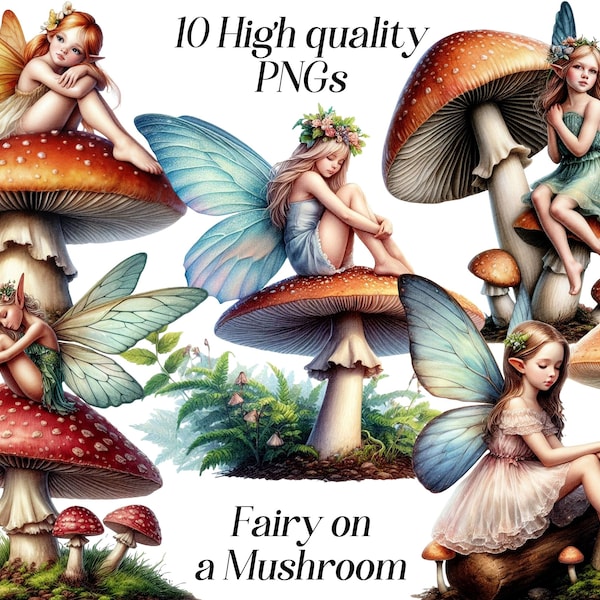 Watercolor Fairy on Mushroom clipart, 10 high quality PNG files, fantasy clipart, magic clip art, cottagecore illustration, cute fairies art