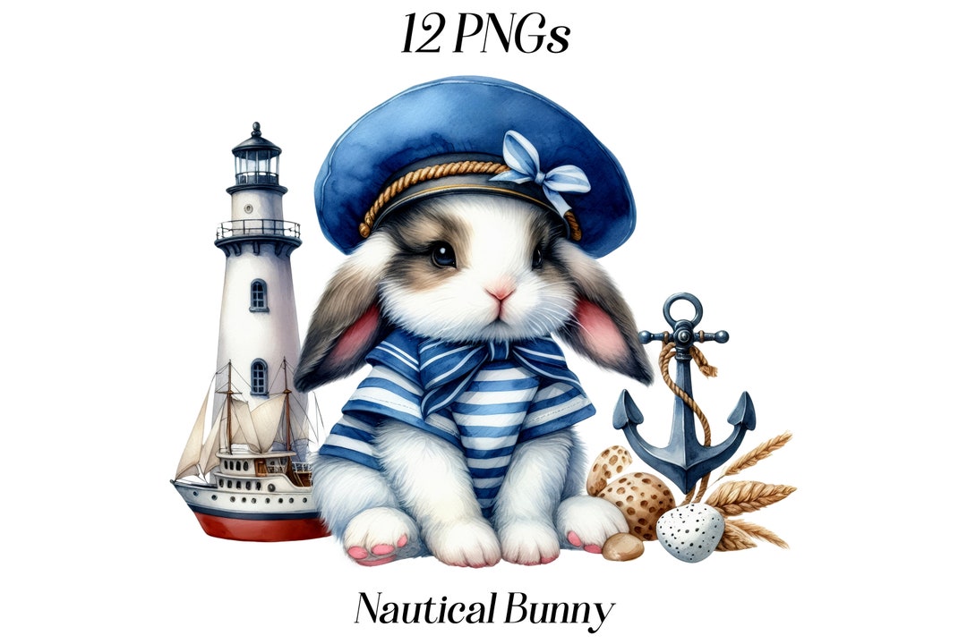 Watercolor Nautical Bunny Clipart: Sea Captain Rabbit PNG (12 Files) - Etsy