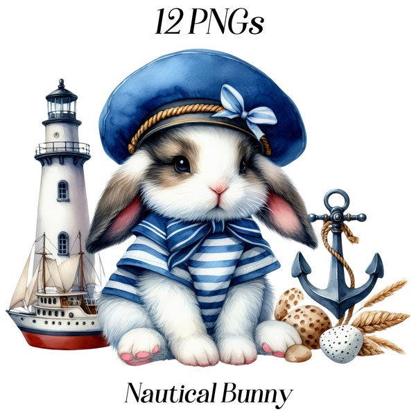 Watercolor Nautical Bunny clipart, 12 PNG files, cute bunny, cute animals, ocean, sea, beach theme, sailor bunny, captain rabbit, images