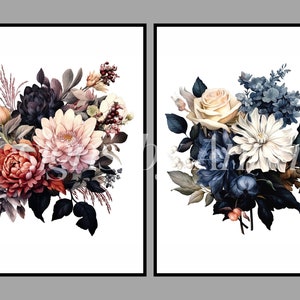 May include: Two floral arrangements, one with pink, red, and white flowers and the other with white, blue, and yellow flowers. Both arrangements are set against a white background.