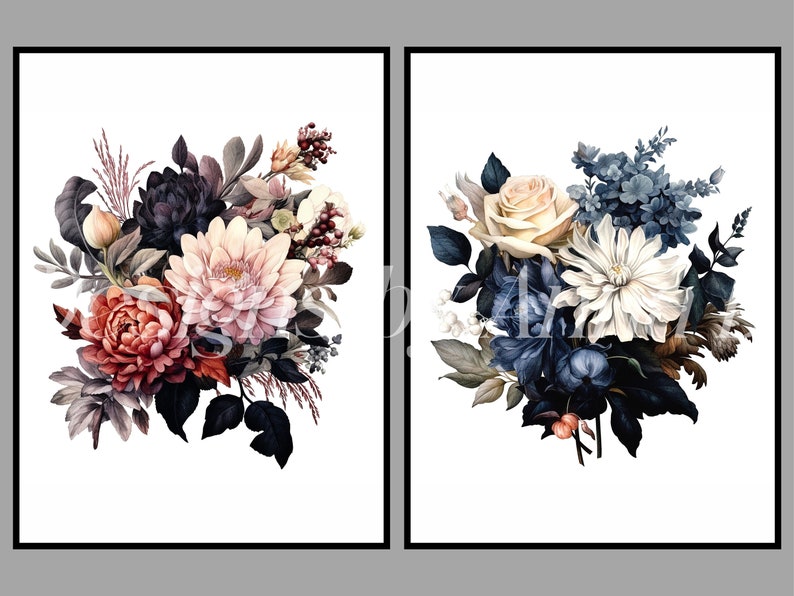 May include: Two floral arrangements, one with pink, red, and white flowers and the other with white, blue, and yellow flowers. Both arrangements are set against a white background.