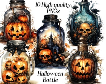 Watercolor Halloween Bottle Clipart: Spooky PNG Graphics (Digital Download)