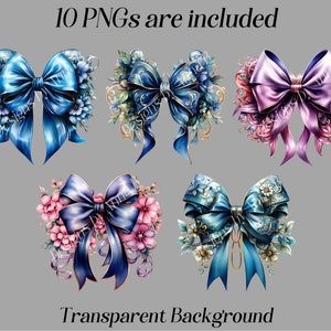 May include: Set of ten digital illustrations of blue, purple, and gold bows with floral accents. The bows are arranged in a grid pattern on a gray background. The text "10 PNGs are included" and "Transparent Background" are visible at the top and bottom of the image.