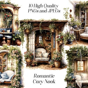 Aquarel romantische kamer clipart, 10 hoge kwaliteit jpeg- en png-bestanden, gezellige leeshoek, interieur, scrapbooking, printables