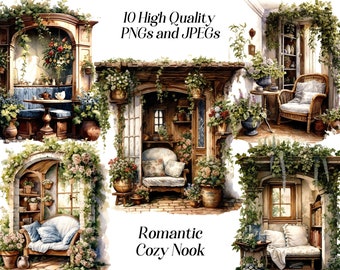 May include: A digital illustration of 10 cozy nooks with a romantic theme. Each nook features a different seating arrangement, including chairs, couches, and benches, all surrounded by lush greenery and flowers. The illustrations are in a watercolor style, with soft colors and delicate details.
