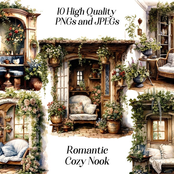 Watercolor romantic room clipart, 10 high quality JPEG and PNG files, cozy reading nook, interior design, scrapbooking, printables