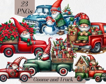May include: A set of 23 digital images featuring gnomes and trucks. The gnomes are wearing red, green, and white hats and have white beards. The trucks are red, green, and blue. The trucks are decorated with Christmas trees, presents, and other holiday decorations. The images are perfect for creating holiday cards, invitations, and other crafts.