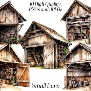 Clipart aquarelle de grange, 10 fichiers JPEG et PNG de haute qualité, grange de ferme, vie à la ferme, cottagecore, clipart rustique, imprimables