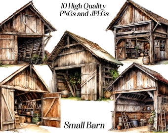 Watercolor barn clipart, 10 high quality JPEG and PNG files, Farmhouse barn, farm life, cottagecore, rustic clip art, printables