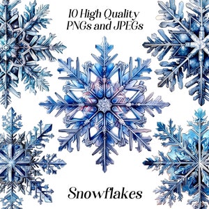 Clipart flocon de neige aquarelle, 10 fichiers JPEG et PNG de haute qualité, clipart hiver, décoration de Noël, givre et glace, graphiques de scrapbooking