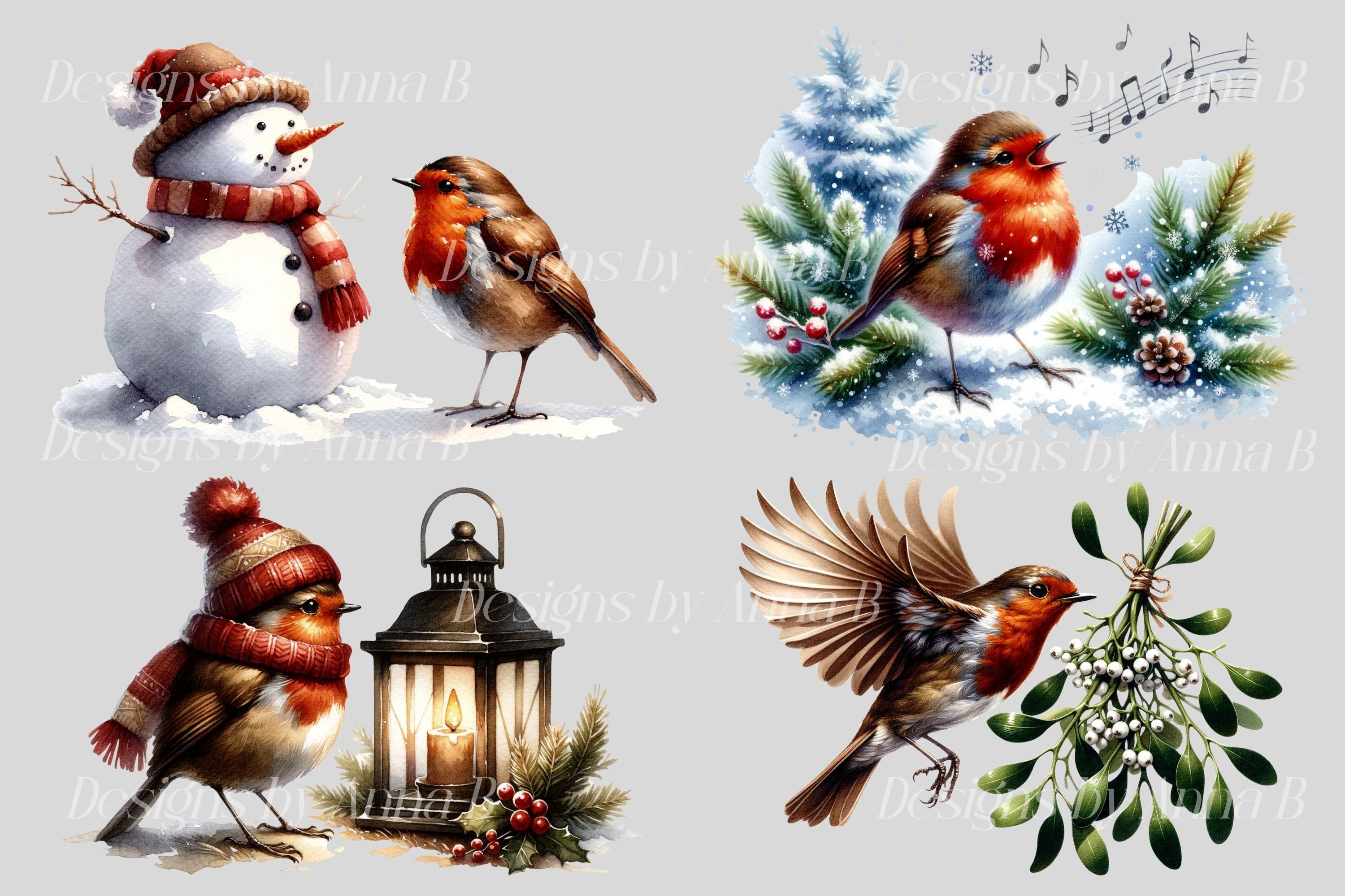 Watercolor Christmas Robin Clipart: Festive Bird PNG Files (digital ...