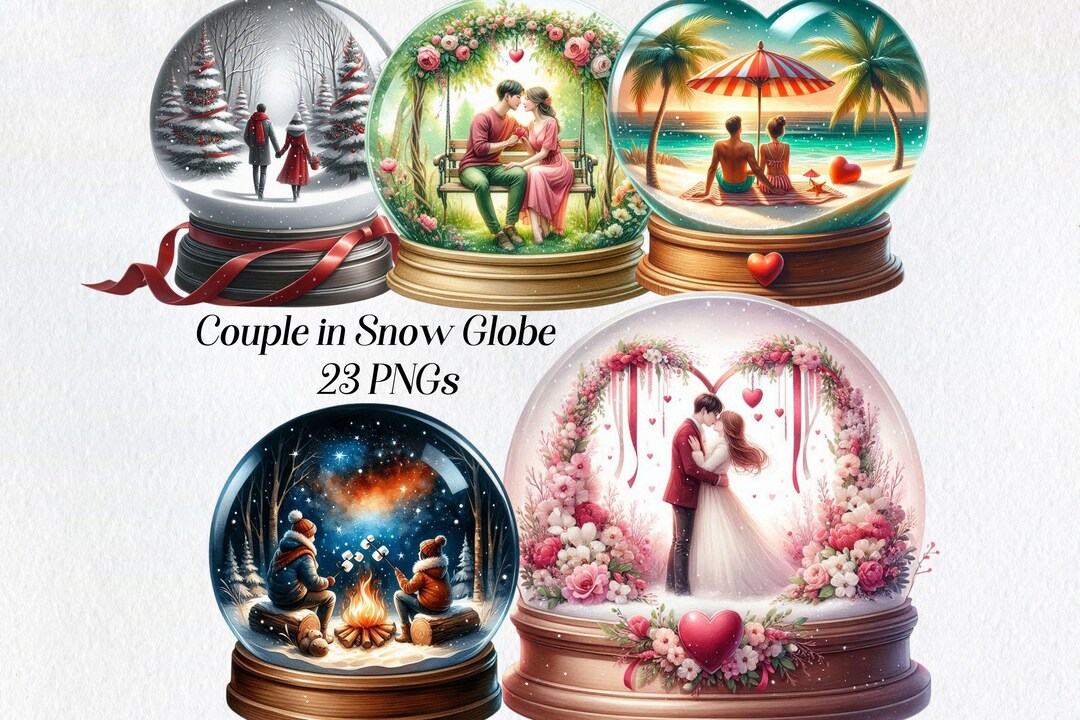 Romantic Couple Snowglobe Clipart: Watercolor Valentine's PNG Images