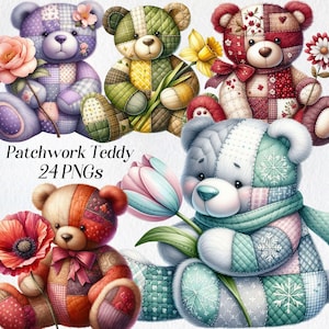 Patchwork Teddy with Flower Clipart, watercolor bear clip art, floral teddy, plush fabric toy, cute bear, digital download, printable images