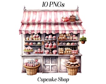 Watercolor cupcake shop clipart, 10 high quality JPEG and PNG files, desserts bakery clip art, cute sweets, printable graphics