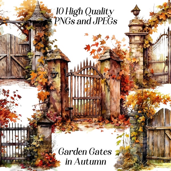 Watercolor garden gates clipart, 10 high quality JPEG and PNG files, Autumn clipart, fall clip art, secret garden entrance, printables