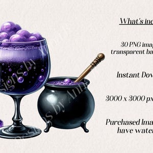 May include: A set of 30 digital illustrations of a purple potion in a glass goblet and a black cauldron with a wooden stirring stick. The images are 3000 x 3000 pixels at 300 DPI and have a transparent background.