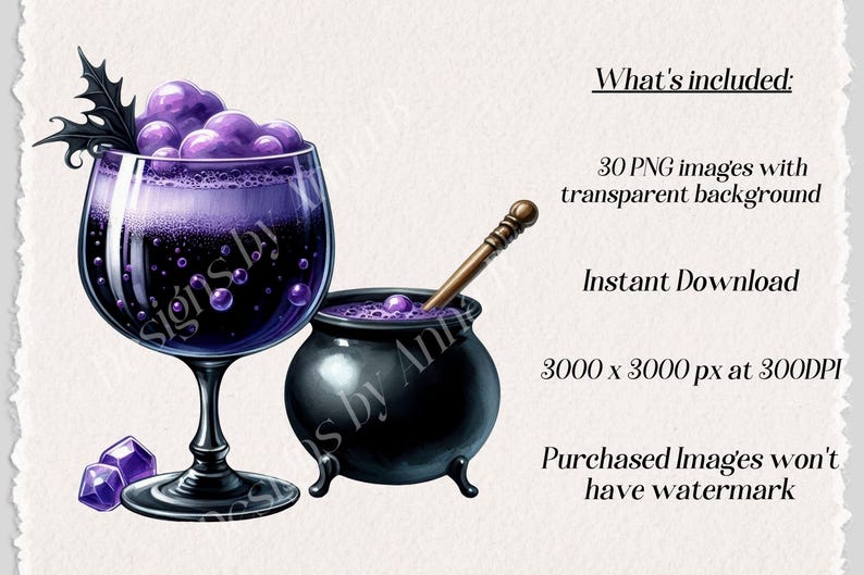 May include: A set of 30 digital illustrations of a purple potion in a glass goblet and a black cauldron with a wooden stirring stick. The images are 3000 x 3000 pixels at 300 DPI and have a transparent background.