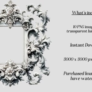 May include: A set of 10 digital images featuring a white ornate frame with intricate details. The images are 3000 x 3000 pixels at 300 DPI and have a transparent background.  What's included: 10 PNG images with transparent background Instant Download 3000 x 3000 px at 300DPI Purchased Images won't have watermark