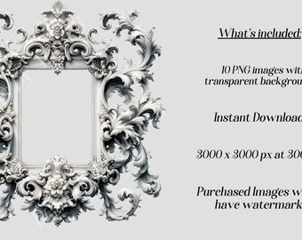 水彩ロココ調フレームクリップアート：アンティークホワイトフレーム