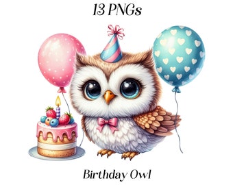 Watercolor Birthday Owl clipart, 13 PNG files, cute owl with balloons and cake, birthday graphics, cute party bird, celebration images