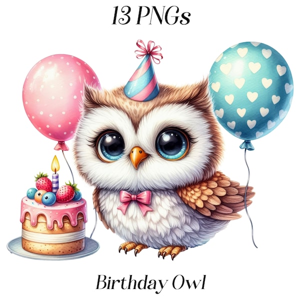 Watercolor Birthday Owl clipart, 13 PNG files, cute owl with balloons and cake, birthday graphics, cute party bird, celebration images