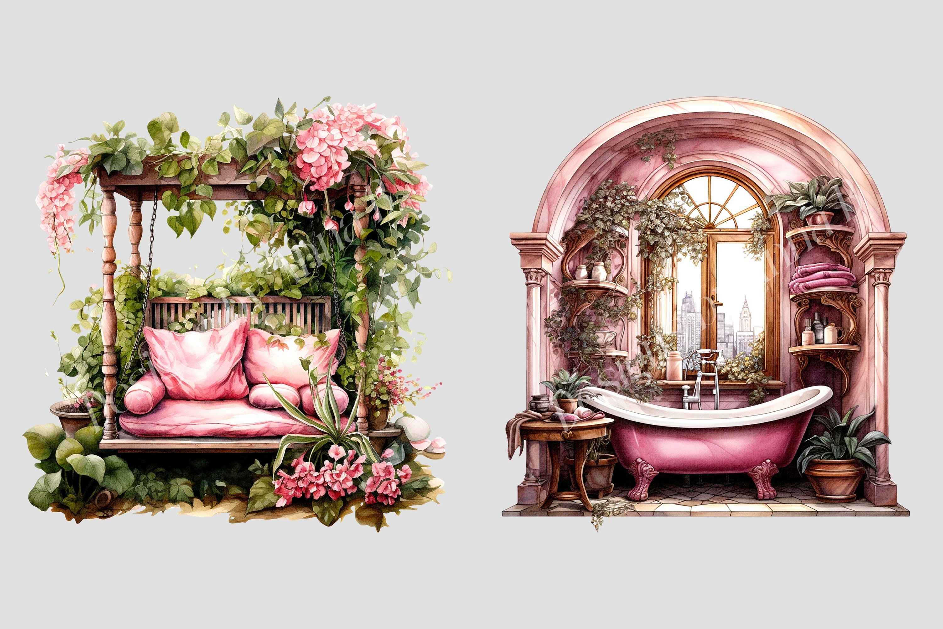 Watercolor Pink Interior Clipart: Cozy Room PNG Files (digital Download ...