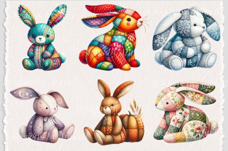 Watercolor Patchwork Bunny Clipart: Nursery Art Prints (digital ...