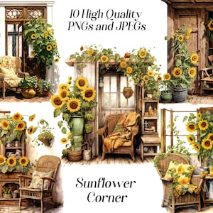 Aquarelle tournesol coin clipart, 10 fichiers JPEG et PNG de haute qualité, coin lecture confortable, clipart été, vie rustique, cottagecore