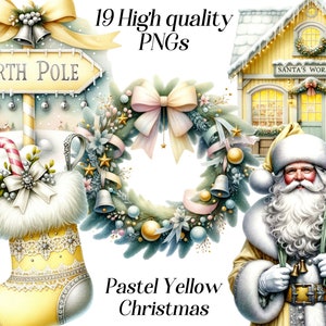 Clipart di Natale giallo, clipart di Natale, png, illustrazione accogliente per le vacanze, arredamento invernale accogliente, inverno festoso, Babbo Natale, ghirlanda, download digitale