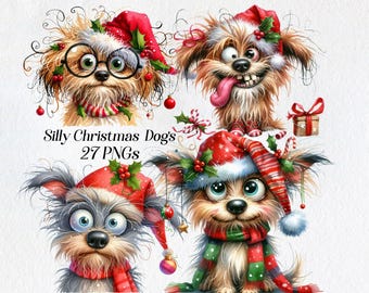 Imágenes prediseñadas de perros navideños divertidos: Imágenes PNG de mascotas festivas (descarga digital)