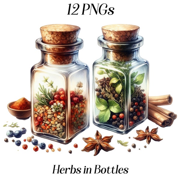 Watercolor Herbs in Bottles clipart, 12 PNG files, herbs and spices, kitchen pantry, food clipart, ingredients, cooking, cook book, images