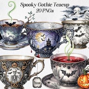 May include: Watercolor illustration of five spooky Gothic teacups with Halloween themes. Each teacup features unique designs, including bats, spiderwebs, skeletons, and a haunted house. The teacups are on saucers, with a black cat and a carved pumpkin.