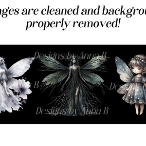 May include: Three watercolor fairy illustrations on a black background. The fairies have detailed wings and dresses. The text "Images are cleaned and background properly removed!" is at the top.