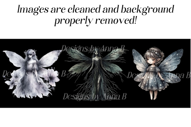May include: Three watercolor fairy illustrations on a black background. The fairies have detailed wings and dresses. The text "Images are cleaned and background properly removed!" is at the top.