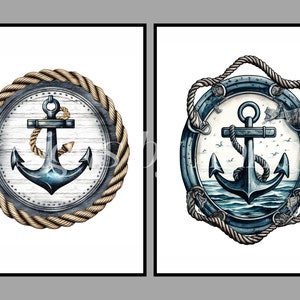 May include: Two nautical themed illustrations of anchors. The first anchor is on a white wooden background with a rope border. The second anchor is in the water with a rope border and seagulls flying overhead.