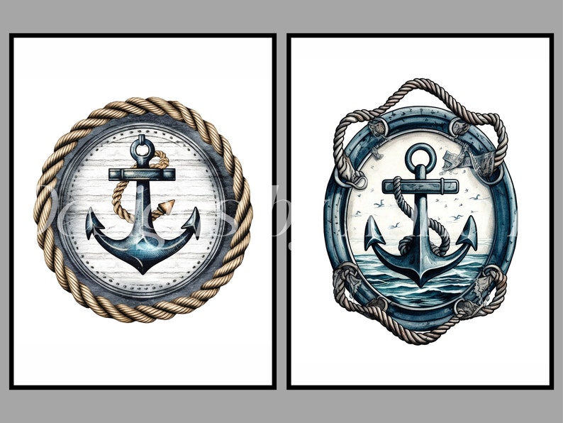 May include: Two nautical themed illustrations of anchors. The first anchor is on a white wooden background with a rope border. The second anchor is in the water with a rope border and seagulls flying overhead.