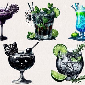 May include: Five different Halloween-themed cocktails. A black margarita with a sugar rim, a dark rum cocktail with lime wedges and mint, a blue cocktail with ice cubes, a black cocktail with a black cat candy garnish, and a black cocktail with a pentagram design.