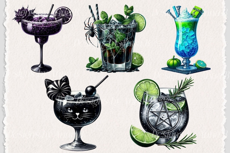 May include: Five different Halloween-themed cocktails. A black margarita with a sugar rim, a dark rum cocktail with lime wedges and mint, a blue cocktail with ice cubes, a black cocktail with a black cat candy garnish, and a black cocktail with a pentagram design.