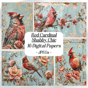 Cardinal rouge, papier numérique, shabby chic, oiseau vintage, papier de scrapbooking, journal indésirable, floral, fleurs, imprimable, rustique, cottagecore