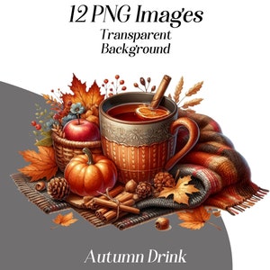 May include: An illustration of an autumn-themed arrangement. A mug of tea with an orange slice and cinnamon stick sits next to a pumpkin, apple, and basket. The text "12 PNG Images Transparent Background" and "Autumn Drink" are also present.